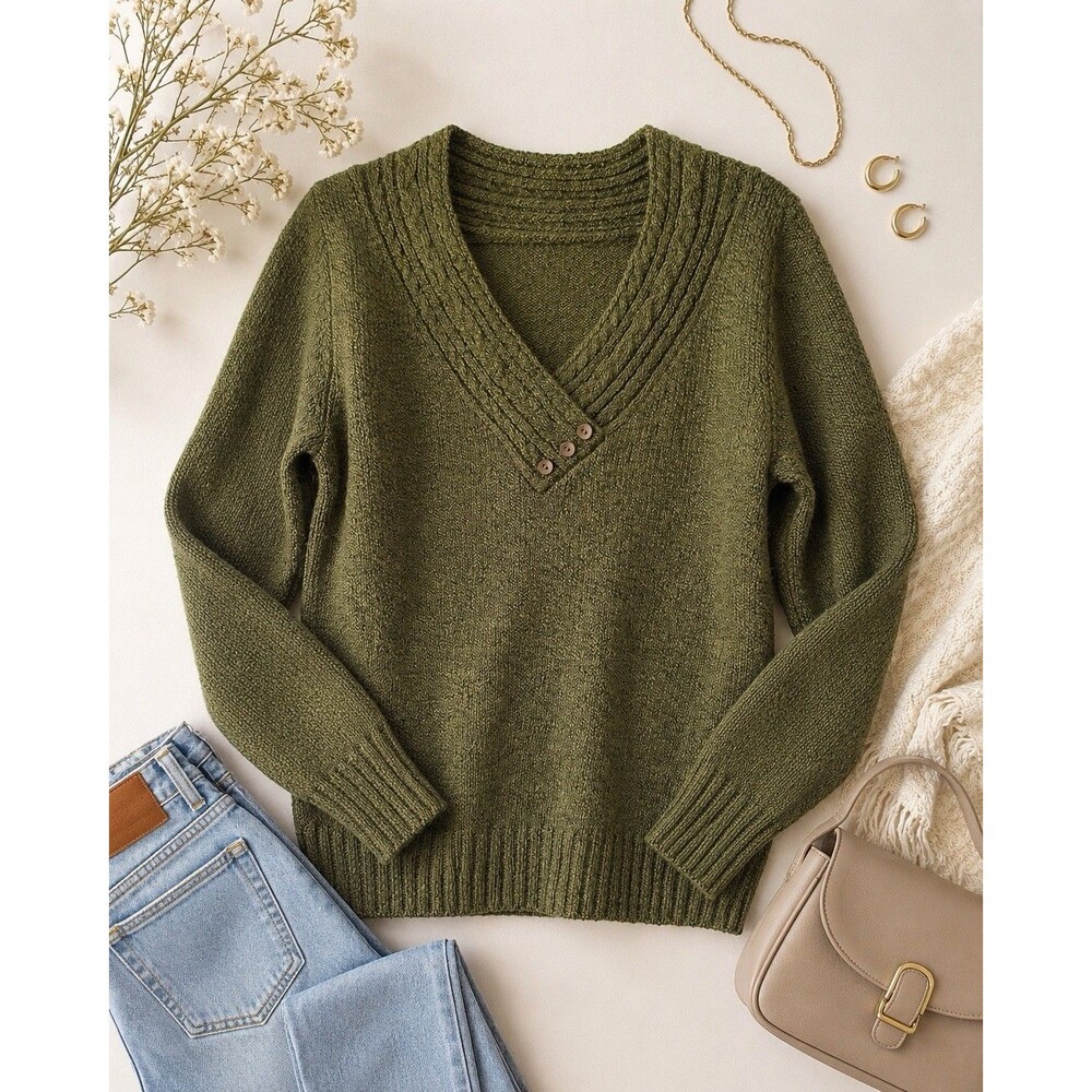 Carolyn Taylor Women’s Olive Green Knit Shawl Collar Sweater Pullover Acrylic